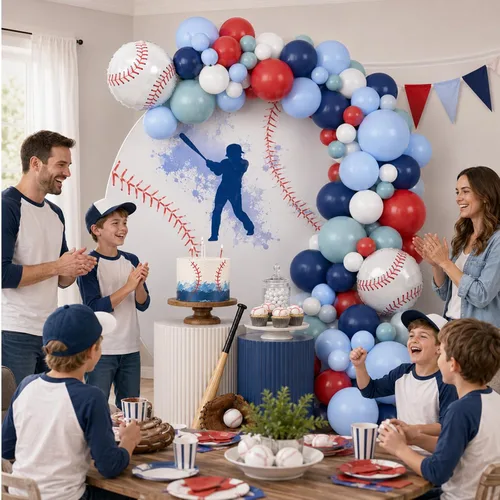 Miniatura 4 de FunHot Kit de guirnalda de arco de globos de béisbol, guirnalda de globos azul marino y rojo con globos blancos, globos de papel de aluminio