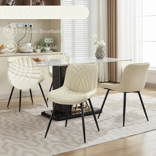 Miniatura 2 de Comfortable Upholstered Dining Chairs Set of 2, PU Leather Kitchen & Dining Room Chair with Backrest and Black Metal Legs, Modern Accent Dining