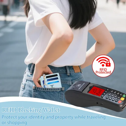 Miniatura 3 de Tarjetero para mujer minimalista y delgado con bolsillo frontal, bloqueo RFID, cartera compacta con ventana para identificación y bolsillo