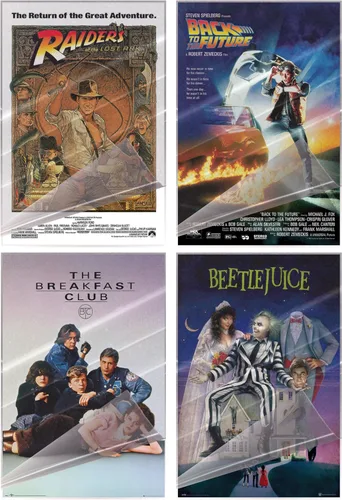 Juego de carteles clásicos de la película de los años 80 (Raiders Of The Lost Ark, Back To The Future, Breakfast Club & Beetlejuice) (Tamaño: 24 "x