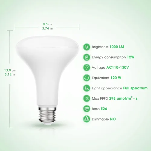 Miniatura 4 de Briignite Paquete de 2 Bombillas LED para Cultivo, Bombillas de Luz de Crecimiento BR30, Luz de Cultivo de Espectro Completo 12W, Bombillas de Luz