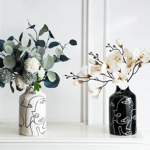 Miniatura 3 de Kimdio Juego de jarrones de cerámica, 2 jarrones de flores de diseño irregular abstracto en blanco y negro, decoración moderna del hogar, decoración