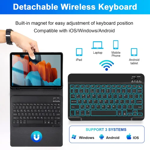 Miniatura 3 de SOPPY Funda de teclado retroiluminada para Samsung Galaxy Tab S6 Lite de 10.4 pulgadas 2022/2020(SM-P610/P613/P615/P619), funda de teclado delgada