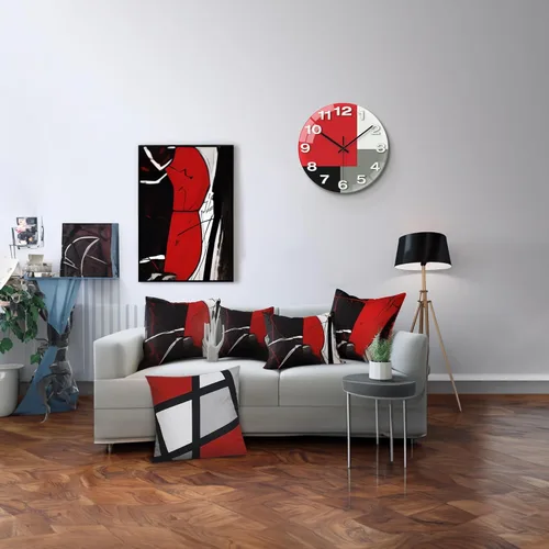 Miniatura 7 de WISKALON Reloj de pared abstracto de cristal geométrico de 12 pulgadas en blanco, gris, rojo y negro, funciona con pilas, reloj de cuarzo silencioso