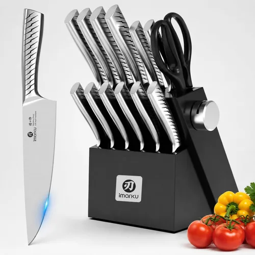 Miniatura 10 de imarku Juego de 14 cuchillos con bloque, juego de cuchillos de cocina de acero inoxidable japonés con afilador integrado, asas ergonómicas