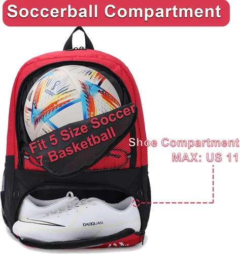 Miniatura 3 de Hsmihair - Bolsa de fútbol - Mochila de fútbol y mochila para fútbol, voleibol y baloncesto, con compartimento para pelota y tacos separados Rojo