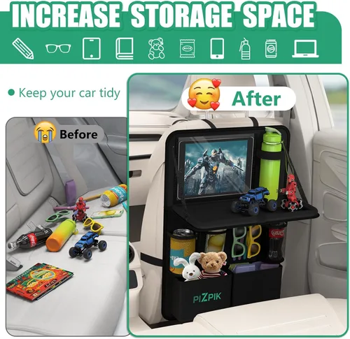 Miniatura 6 de Organizador de asiento trasero de automóvil Plzpik con soporte para tableta, 11 bolsillos de almacenamiento con bandeja plegable para alimentos
