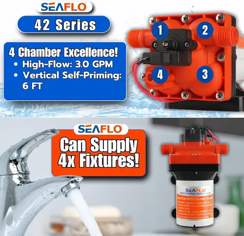 Miniatura 3 de SEAFLO Bomba de presión de agua bajo demanda serie 42 de 12 V, 3.0 GPM, 55 PSI, con derivación para ciclos reducidos, autocebante