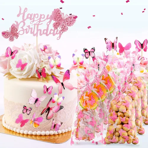 Miniatura 4 de Zonon 100 bolsas de plástico de celofán con 100 lazos plateados para golosinas con temática de mariposas, baby shower, fiesta de cumpleaños, Rosa