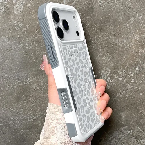 Miniatura 2 de Funda magnética para iPhone 17 Pro, compatible con Magsafe, lindo estampado de leopardo blanco guepardo, resistente, resistente, protección