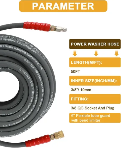 Miniatura 4 de OCPTY Water Pressure Washer Hose 3/8" 50ft 6000 psi Gray 2-Braid R2 Kink Resistant, Hot and Cold Water Max 248°F, Non-Marking