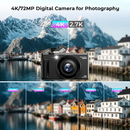 Miniatura 3 de Cámara Digital 4K para Fotografía, Cámaras de Vlogging de 72MP con Enfoque Automático para YouTube con Tarjeta SD de 64GB y Batería, Zoom Digital