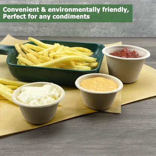 Miniatura 5 de CAMKYDE Vasos de Soufflé Desechables de Fibra de Bagazo de 2 oz, Paquete de 100, Vasos para Condimentos 100% Naturales Biodegradables Compostables