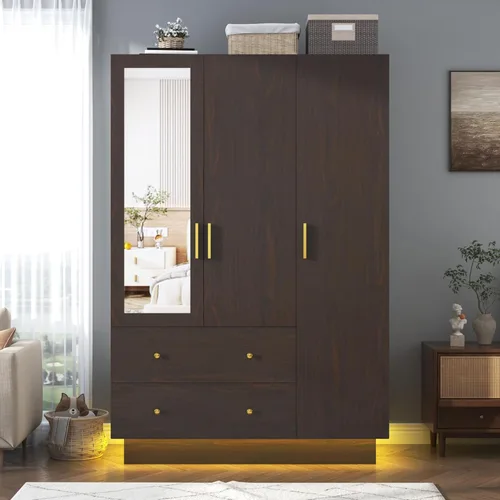 Miniatura 7 de Armario de 3 puertas con espejo, armario LED con puertas y cajones, armario de almacenamiento de madera con barra para colgar, estantes ajustables