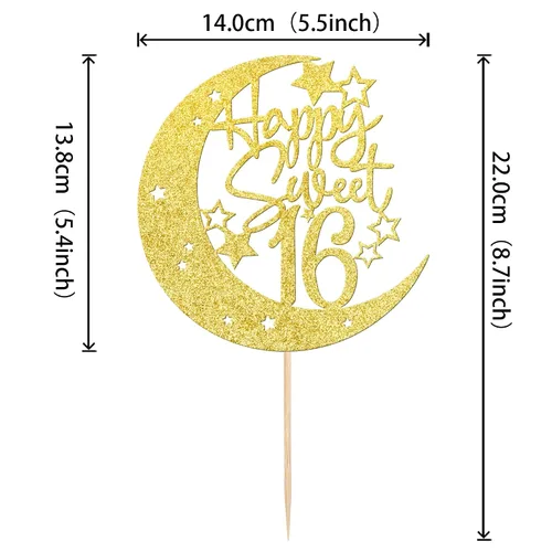 Miniatura 3 de 1 pieza de decoración de pastel de 16 años con purpurina de luna y estrella de luna feliz 16 cumpleaños, decoración para tartas de cumpleaños de 16