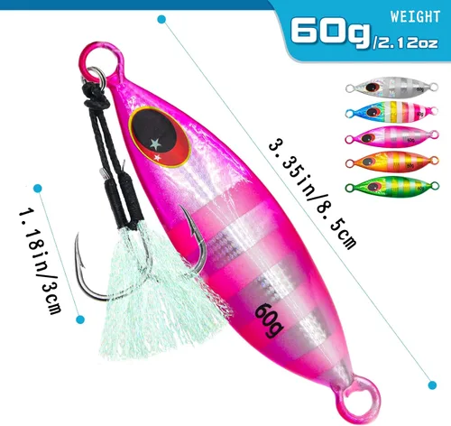 Miniatura 2 de 5 piezas de plantillas de pesca de agua salada, señuelos de pesca verticales de tono lento de metal con ganchos de asistencia, anzuelos de pesca