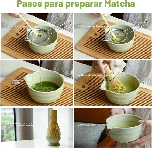 Miniatura 7 de Juego de batidor de matcha verde, kit de té japonés con batidor y cuchara de bambú, Chawan de cerámica con boquilla para ceremonia de té