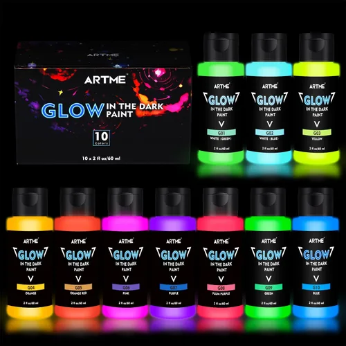 ARTME Pintura que brilla en la oscuridad, juego de pintura de luz negra de 10 colores brillantes 60ml/2oz, pintura neón para manualidades, pintura