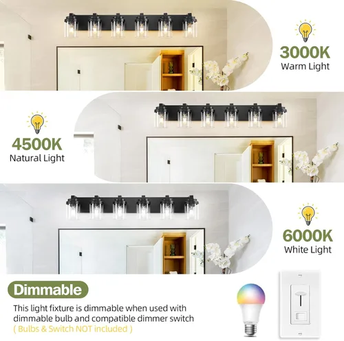 Miniatura 6 de Luces de tocador, lámparas de baño de 38 pulgadas sobre espejo, 6 luces de tocador de baño con pantalla de vidrio transparente, lámparas de pared