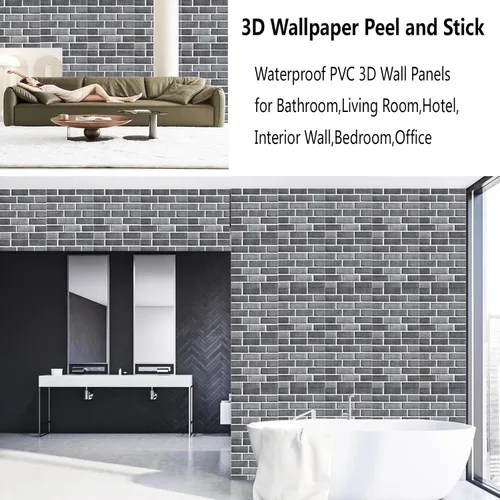 Miniatura 7 de Paneles de Pared 3D Despegar y Pegar, Papel Tapiz de Ladrillo 3D Despegar y Pegar, Paquete de 10 Paneles de Pared Autoadhesivos de Piedra PVC Gris