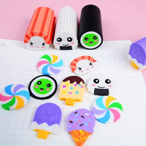 Miniatura 4 de Borradores de comida, paquete de 12 borradores de sushi, postres, borradores de mascotas para niños, lindos y divertidos, suministros escolares