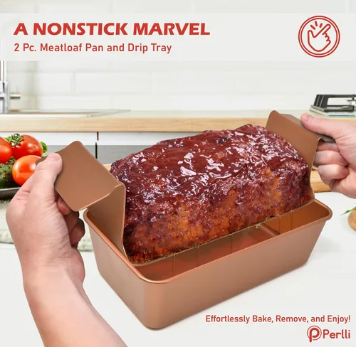 Miniatura 2 de PERLLI Molde para pan de carne con bandeja de goteo, 2 unidades, 9.8 x 5.7 pulgadas, sartén antiadherente de cobre para pastel de carne con bandeja