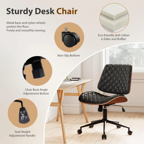 Miniatura 7 de Furnimart Silla de oficina de madera resistente giratoria de 360°, silla de escritorio pequeña de piel sintética con asiento acolchado grueso