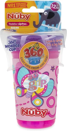 Miniatura 6 de Nuby 360 Degree Easy Sip 3D Grip Wonder Cup con funda de silicona impresa, morado, mariposa, 10 onzas