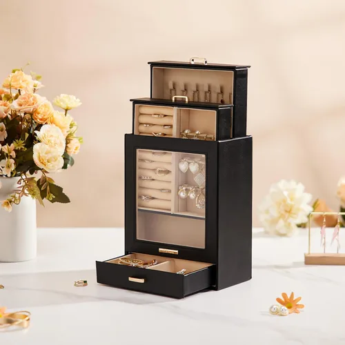 Miniatura 9 de Homde Organizador de joyas para niñas y mujeres, joyero para collares, anillos, aretes, regalo y pulseras (negro + dorado)