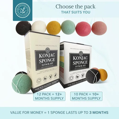Miniatura 6 de Bare Essentials Living - Juego de esponjas Konjac (paquete de 12) con esponja facial de carbón de bambú activado, natural, ideal para tratamientos