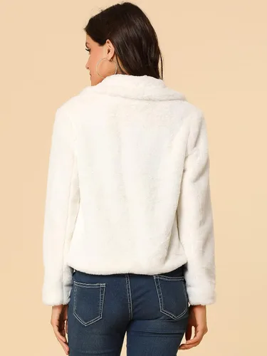 Miniatura 5 de Allegra K Chaqueta corta de piel sintética para mujer, cárdigan con solapa, abrigo de piel sintética esponjosa para invierno 2023