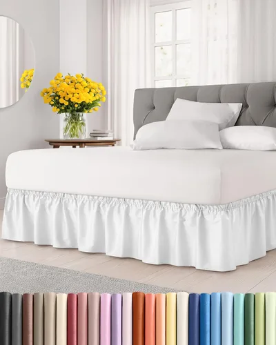 CGK Linens - Falda de cama envolvente con volantes, color blanco, para camas de tamaño Queen con altura de 18 pulgadas sin arrugas, plisada con tela