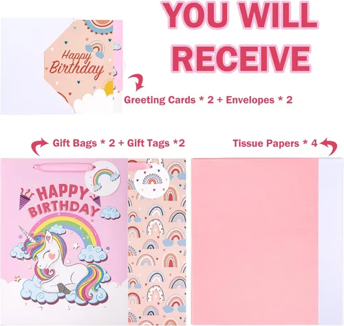 Miniatura 3 de WRAPAHOLIC Bolsas grandes de regalo de cumpleaños de 13 pulgadas con tarjeta y papel de seda, paquete de 2 para cumpleaños de niños y niñas