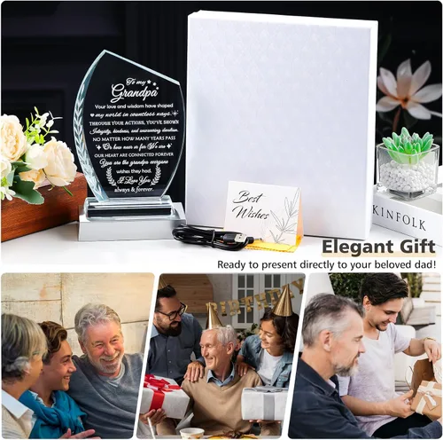 Miniatura 7 de Qianwei Regalos de cumpleaños para el abuelo de los nietos, placa de cristal único regalo para mi abuelo con base LED colorida, regalo