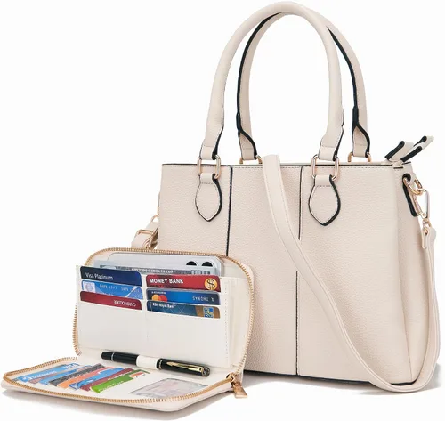 Miniatura 7 de Juego de bolsos y billeteras para mujer, bolso cruzado con asa superior, bolso de mano, cartera de hombro de cuero sintético A7-2pcs/Set Beige
