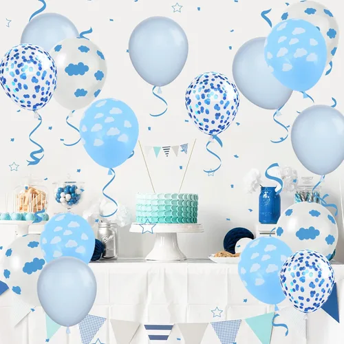 Miniatura 5 de Paready Globos de nube, 60 globos de fiesta de nubes azules y blancas con estampado de nubes, globos de látex azul bebé, globo de confeti azul