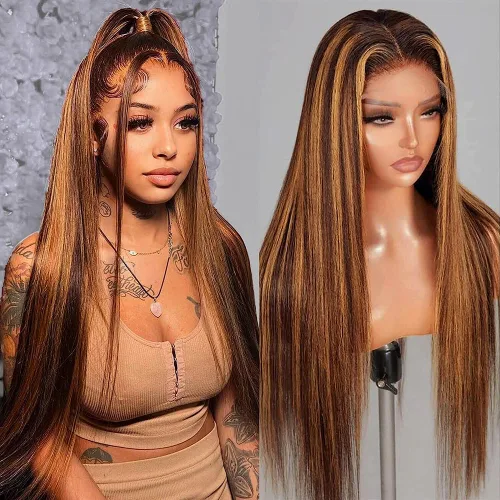 Miniatura 12 de Flady Peluca de cabello humano con encaje frontal ombré, prearrancada, sin pegamento, peluca frontal de encaje HD 4/27, pelucas de cabello humano