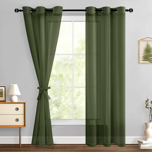 Miniatura 176 de Hiasan - Cortinas traslúcidas de gasa cortas semitransparentes con ojales y alzapaños filtrantes de luz para ventana, dormitorio, baño, 2 paneles