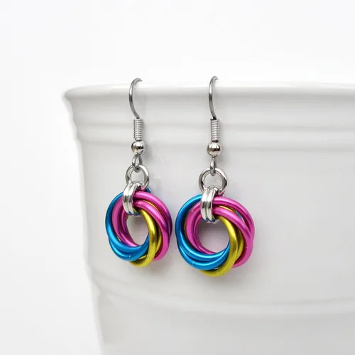 Miniatura 8 de Pansexual pride earrings, handmade chainmail love knot jewelry; pink, yellow, blue