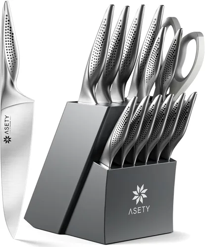Miniatura 9 de ASETY Juego de cuchillos – Juego de cuchillos ultra afilados para cocina con bloque, juego de 15 cuchillos de acero inoxidable con afilador Gris