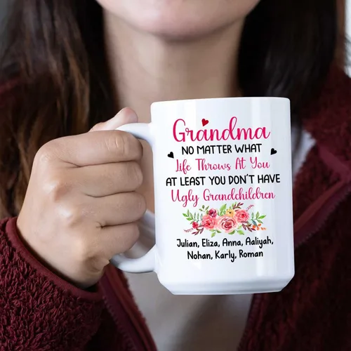 Miniatura 3 de Taza de café con texto en inglés "Grandma No Matter How Hard Life Gets At Least You Do Not Have Ugly Grandchildren - Taza de café para abuela, taza