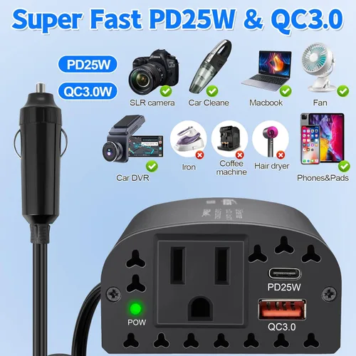 Miniatura 2 de 150W inversor de corriente de coche DC 12V a 110V AC adaptador de salida de coche con PD 25W &QC3.0 puertos USB cargador de coche para laptop