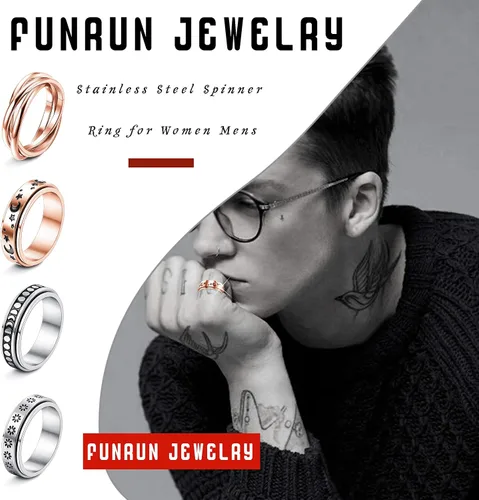 Miniatura 3 de FUNRUN JEWELRY Juego de 4 anillos giratorios de acero inoxidable para mujeres y hombres, anillos de banda para la ansiedad, luna, estrella, celta