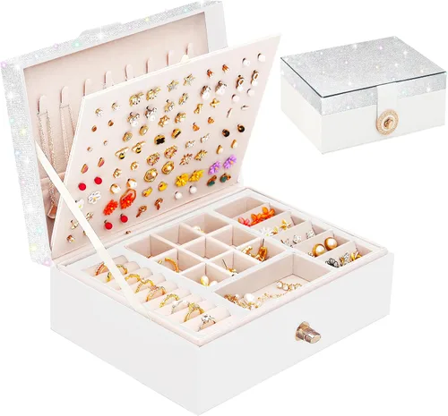 Miniatura 154 de Joyero de pendientes para mujeres y niñas, organizador de aretes de 5 capas, caja organizadora de joyas blanca con candado, collares y aretes