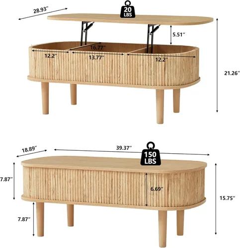 Miniatura 2 de Mesa de centro con parte superior acanalada totalmente montada con compartimento oculto, mesa central de madera, moderna mesa de elevación ovalada