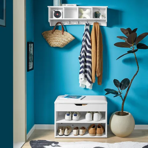 Miniatura 2 de Haotian - Estantería de pared blanca con ganchos para abrigos, perchero de pared para entrada, unidad de almacenamiento con 4 compartimentos y 5