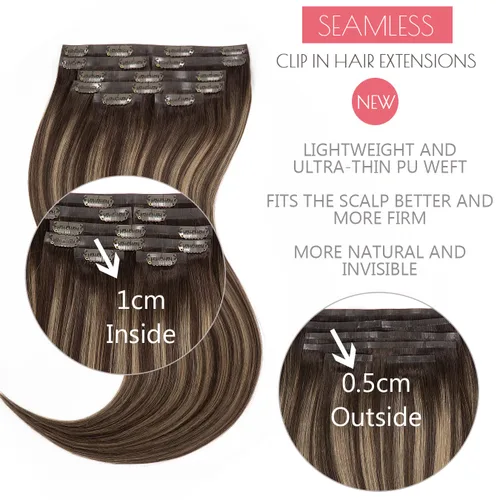 Miniatura 2 de Loxxy Extensiones de cabello humano con clip, sin costuras, 22 pulgadas, color marrón oscuro a castaño oscuro y marrón oscuro, 7 piezas