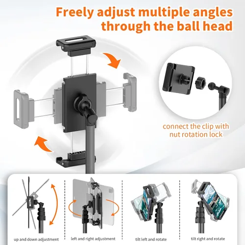 Miniatura 9 de XXZU Trípode de pie de 72 pulgadas para tablet, soporte para tablet con cabeza de bola de 360°, soporte de piso ajustable en altura con funda