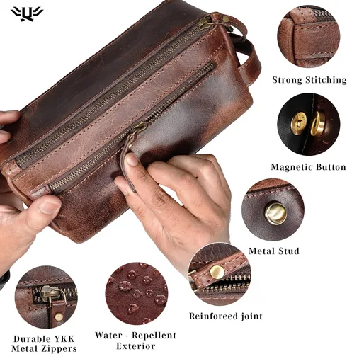 Miniatura 3 de Neceser de cuero hecho a mano de primera calidad para hombres y mujeres, kit de cuero genuino Dopp y bolsa de afeitar para hombres, bolsa