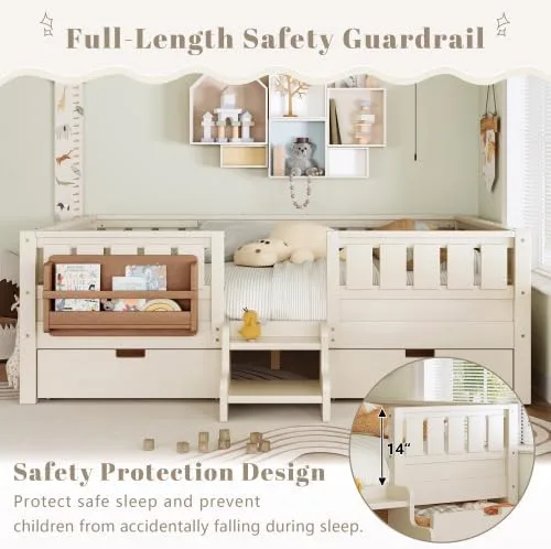 Miniatura 3 de Bellemave Cama Montessori de tamaño Queen con 2 cajones y estantería, camas de suelo para niños con barandillas de seguridad y escaleras, marco